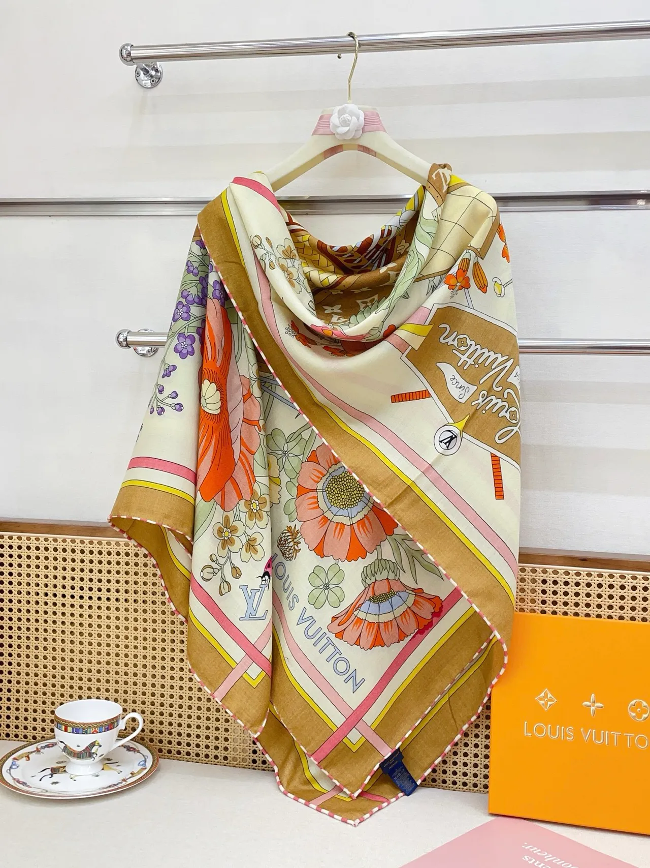 Louis Vuitton Illustrated Floral Cabinet Motif Silk Scarf 3