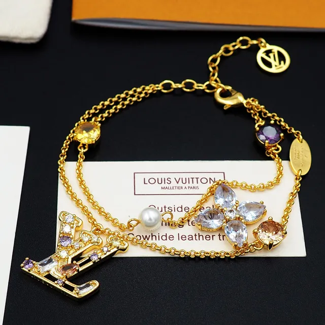 Louis Vuitton LV Flower Gold Multicolor Multi-Charm Layered Chain Bracelet 9