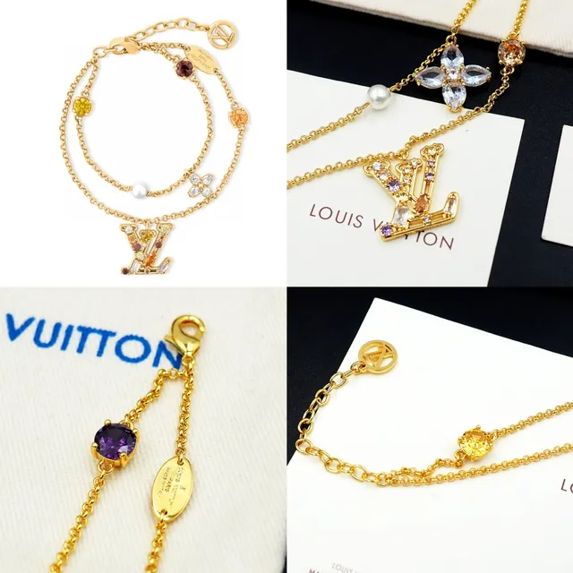 Louis Vuitton LV Flower Gold Multicolor Multi-Charm Layered Chain Bracelet 12