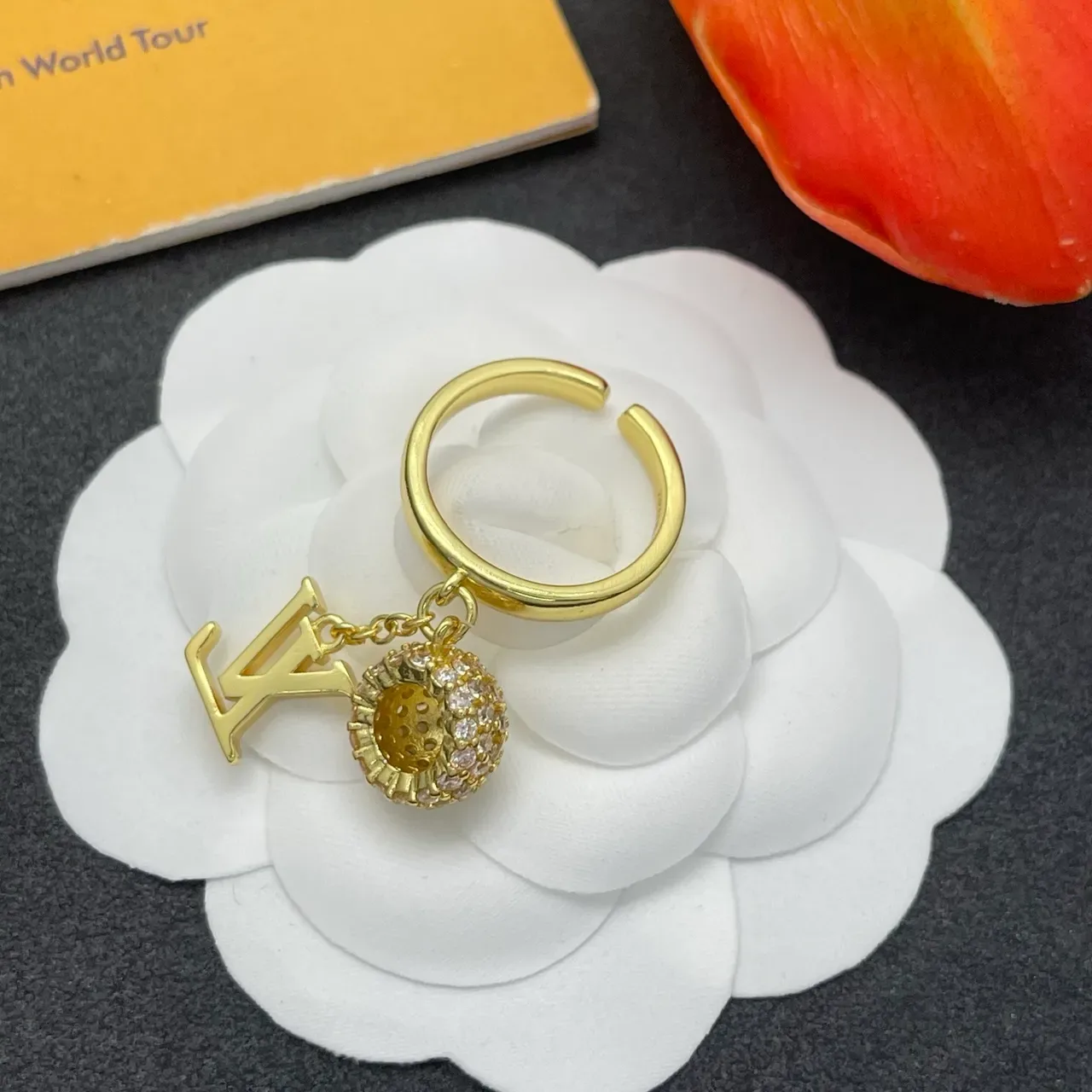 Louis Vuitton LV Monogram Charm Ring Gold Silver Pavé Crystal Sphere Ring 4