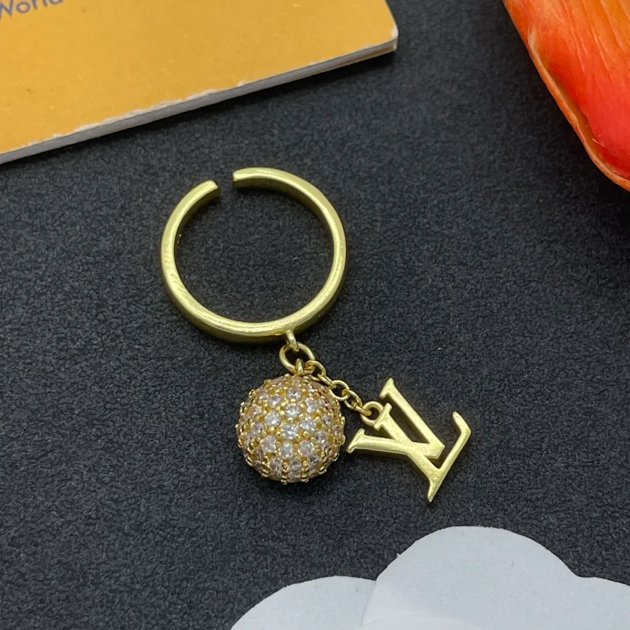 Louis Vuitton LV Monogram Charm Ring Gold Silver Pavé Crystal Sphere Ring 8