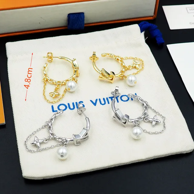 Louis Vuitton LV Monogram Hoop Gold White Pendant Earrings 3