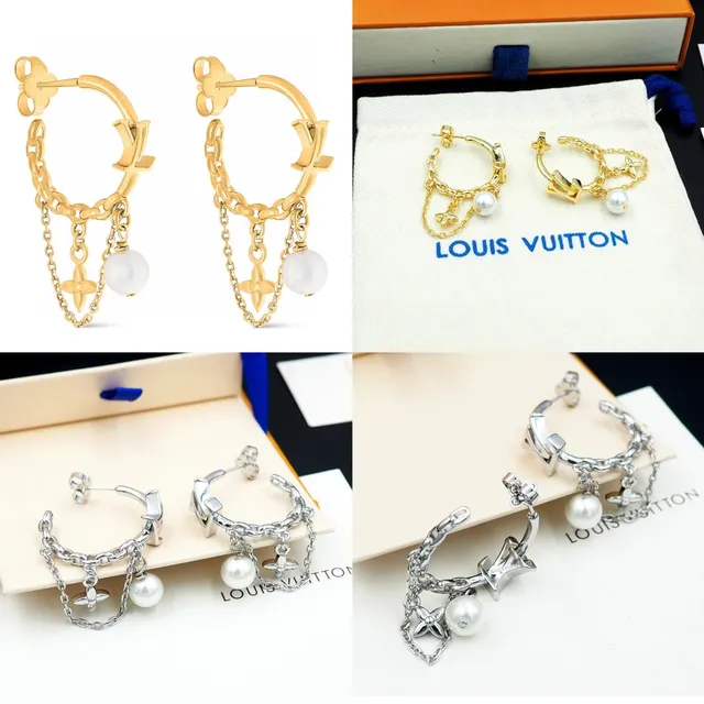 Louis Vuitton LV Monogram Hoop Gold White Pendant Earrings 11