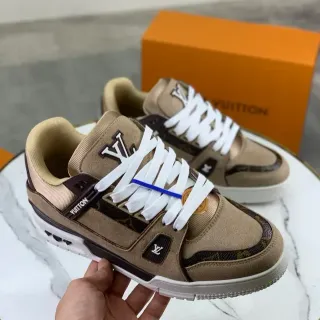 Louis Vuitton LV Trainer Beige Brown Suede Layered y Monogram Canvas Branded Heel Tab Lifestyle Sneakers