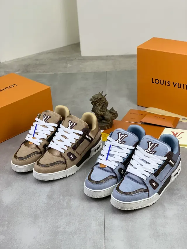Louis Vuitton LV Trainer Beige Brown Layered Suede And Monogram Canvas Branded Heel Tab Lifestyle Sneakers 2