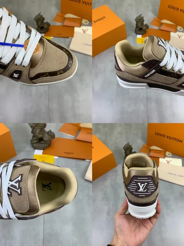 Louis Vuitton LV Trainer Beige Brown Layered Suede And Monogram Canvas Branded Heel Tab Lifestyle Sneakers 3