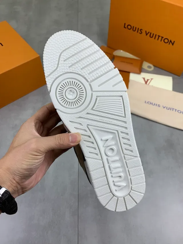 Louis Vuitton LV Trainer Beige Brown Layered Suede And Monogram Canvas Branded Heel Tab Lifestyle Sneakers 4