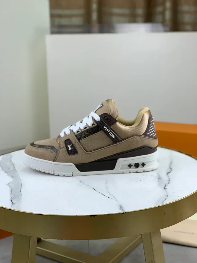 Louis Vuitton LV Trainer Beige Brown Layered Suede And Monogram Canvas Branded Heel Tab Lifestyle Sneakers 5