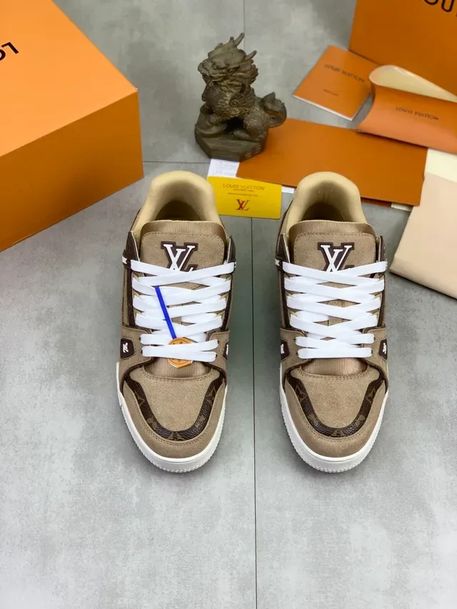 Louis Vuitton LV Trainer Beige Brown Layered Suede And Monogram Canvas Branded Heel Tab Lifestyle Sneakers 6