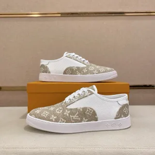 Louis Vuitton LV Trainer Bege Branco Monograma Lona Painel de Malha Estilo de Vida Tênis
