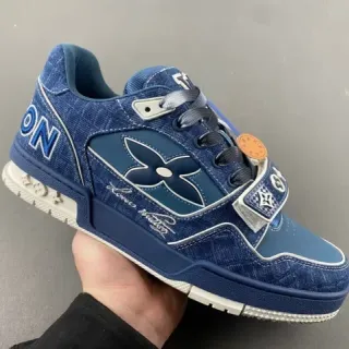 Louis Vuitton LV Trainer Azul Marino Denim Superior Monograma Flor Overlay Lifestyle Sneakers