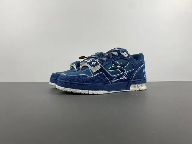 Louis Vuitton LV Trainer Blue Navy Denim Upper Monogram Flower Overlay Lifestyle Sneakers 10