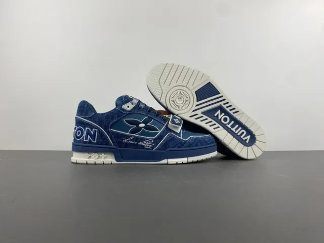 Louis Vuitton LV Trainer Blue Navy Denim Upper Monogram Flower Overlay Lifestyle Sneakers 12