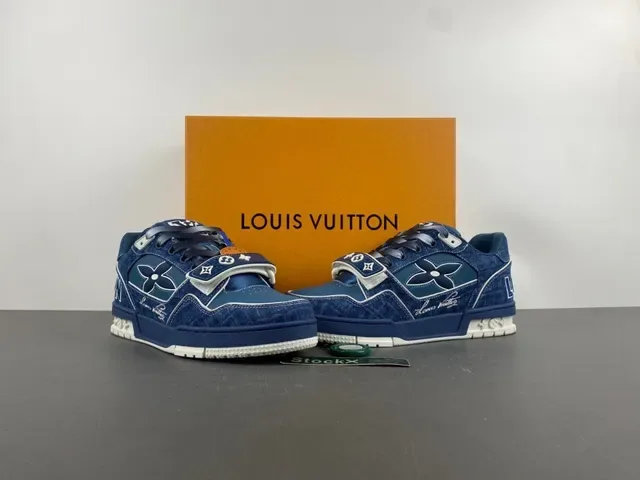 Louis Vuitton LV Trainer Blue Navy Denim Upper Monogram Flower Overlay Lifestyle Sneakers 13