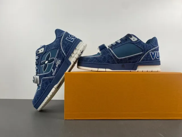 Louis Vuitton LV Trainer Blue Navy Denim Upper Monogram Flower Overlay Lifestyle Sneakers 14