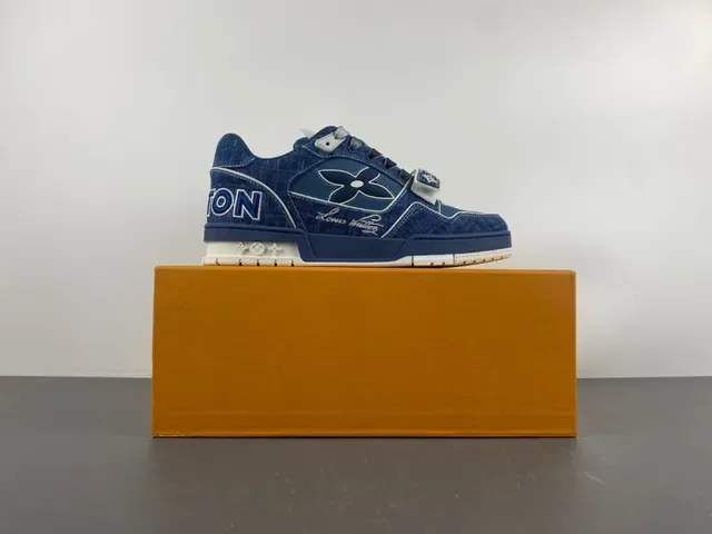 Louis Vuitton LV Trainer Blue Navy Denim Upper Monogram Flower Overlay Lifestyle Sneakers 15