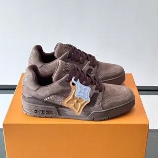 Louis Vuitton LV Trainer Marrom Bege Camurça Superior Estruturada Borracha Sola Média Sneakers Lifestyle