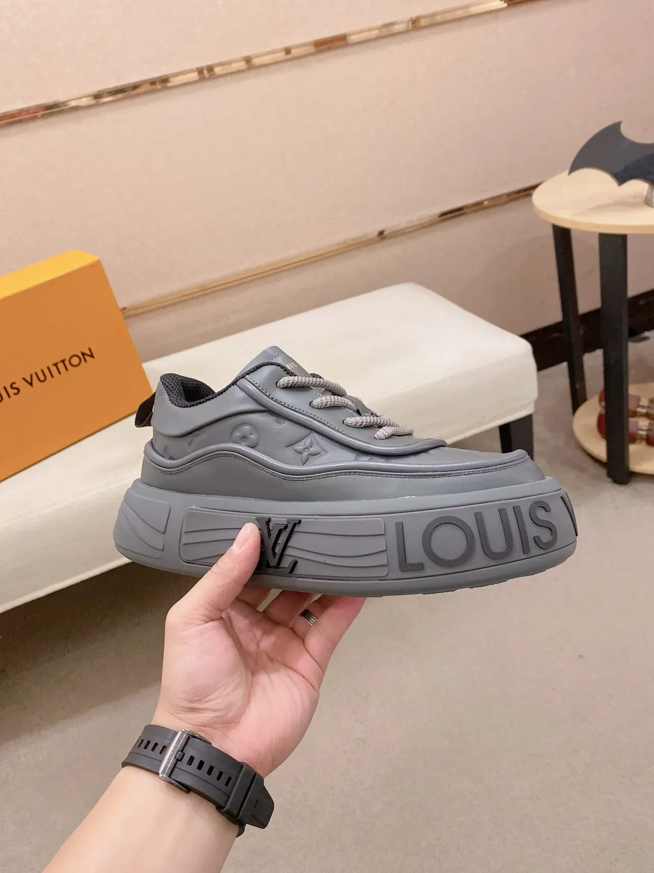 Louis Vuitton LV Trainer Gray Monogram-Molded Upper Embossed Sole Branding Lifestyle Sneakers 4