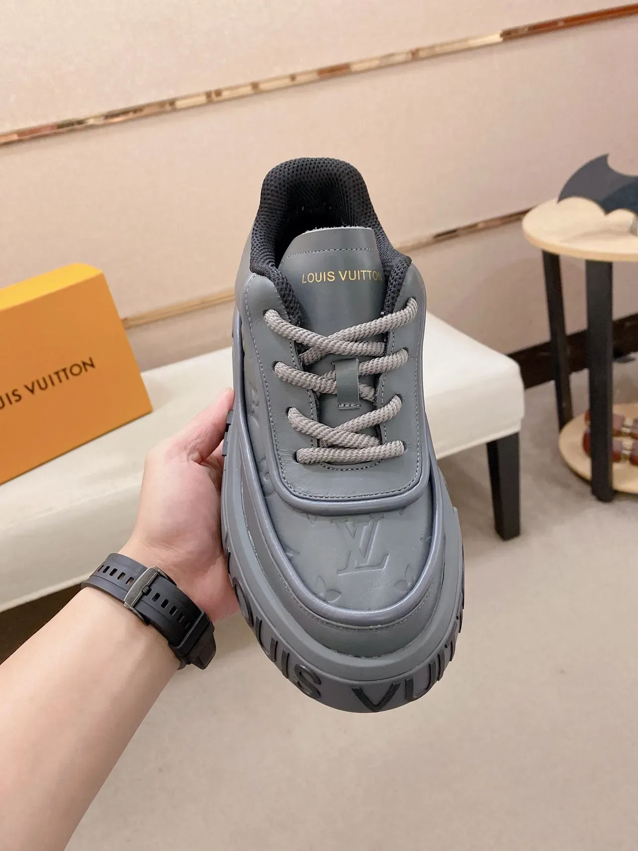 Louis Vuitton LV Trainer Gray Monogram-Molded Upper Embossed Sole Branding Lifestyle Sneakers 5