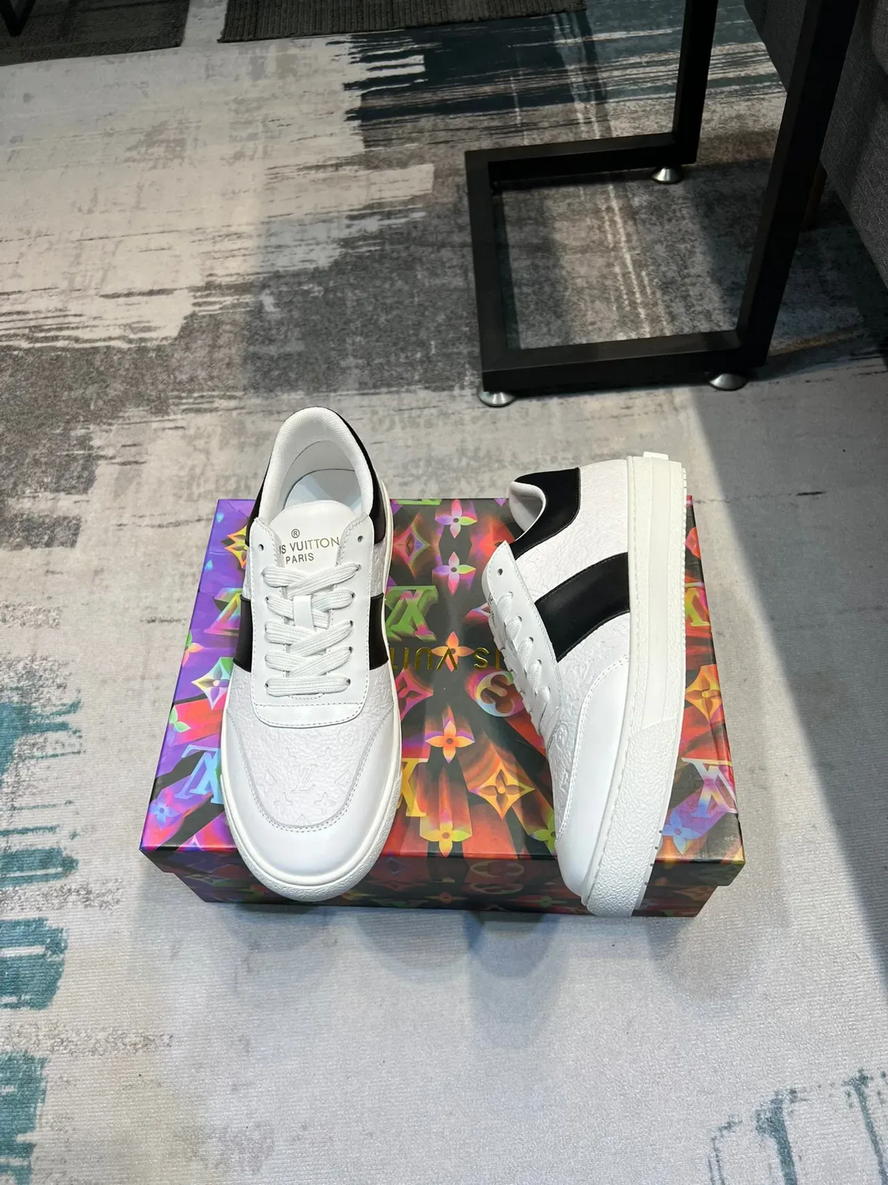Louis Vuitton LV Trainer White Black Monogram-Textured Leather Contrasting Side Stripe Lifestyle Sneakers 4