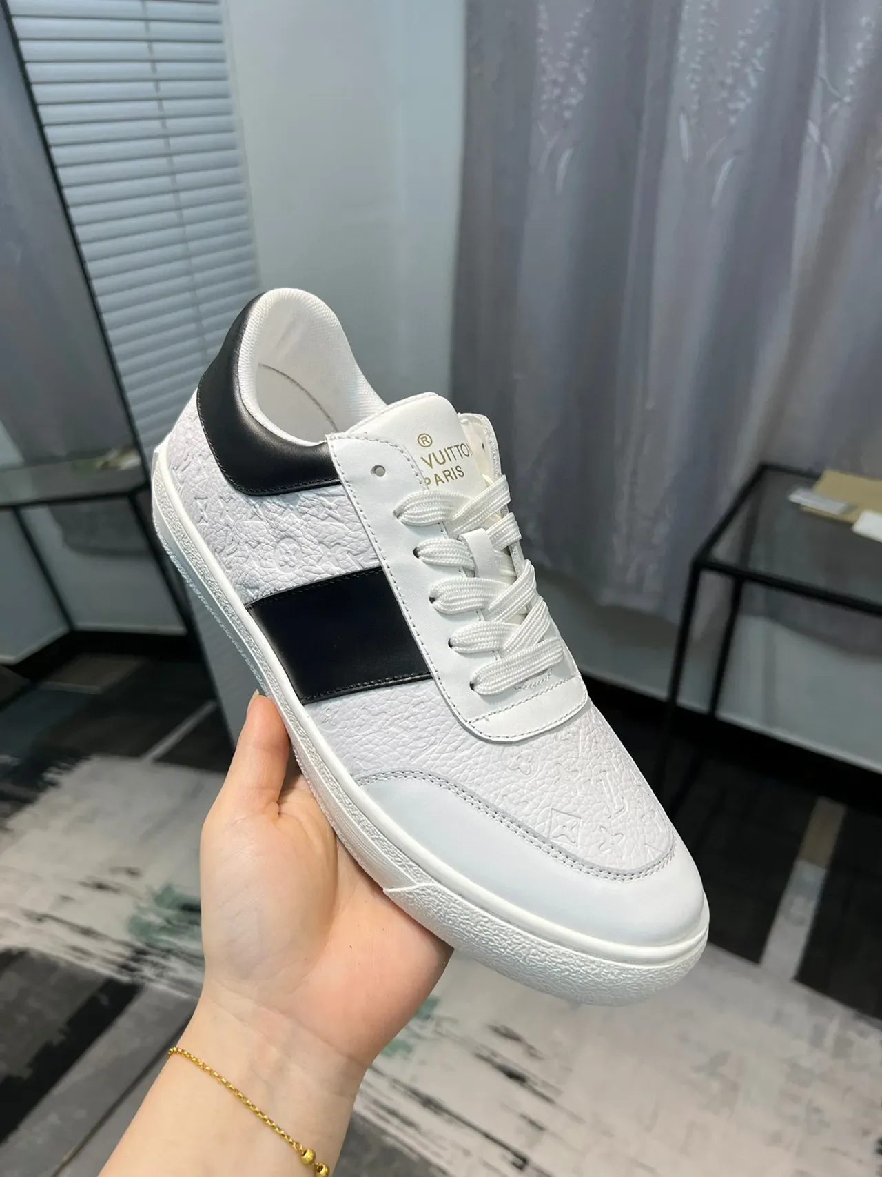 Louis Vuitton LV Trainer White Black Monogram-Textured Leather Contrasting Side Stripe Lifestyle Sneakers 6