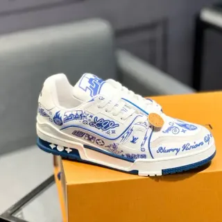 Louis Vuitton LV Trainer Zapatillas Lifestyle Blancas y Azules Impresión Gráfica Low Top