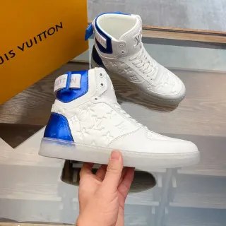 Louis Vuitton LV Trainer Branco Azul Alto Embossado Monograma Lifestyle Tênis