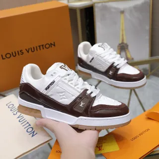 Louis Vuitton LV Trainer Blancos Marrones Cuadrillé Monogram Cuero Brillo Patent Correa Lifestyle Sneakers