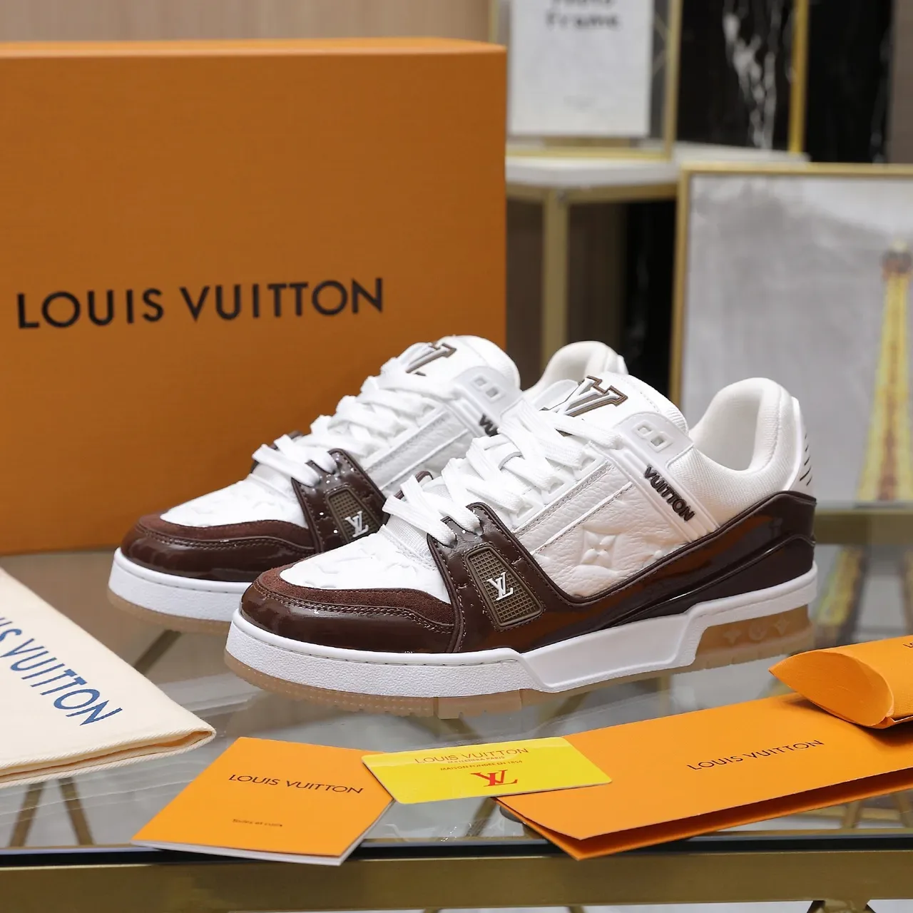 Louis Vuitton LV Trainer White Brown Quilted Monogram Leather Glossy Patent Strap Lifestyle Sneakers 2