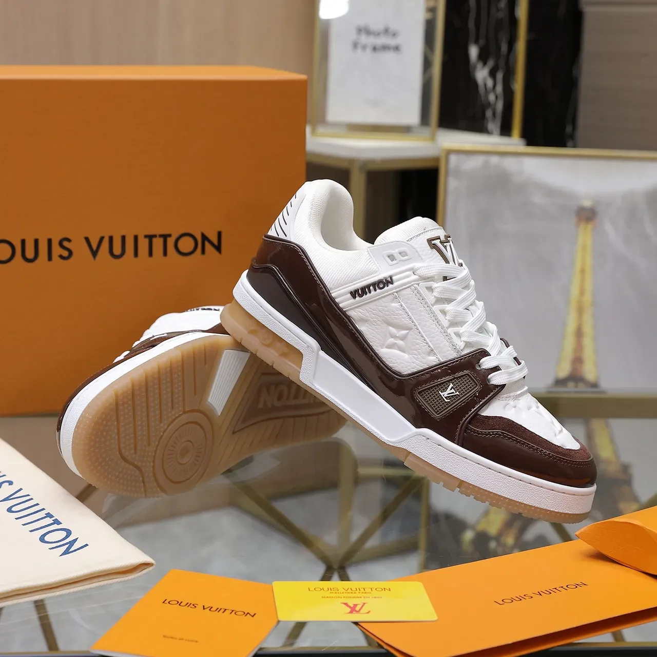 Louis Vuitton LV Trainer White Brown Quilted Monogram Leather Glossy Patent Strap Lifestyle Sneakers 3
