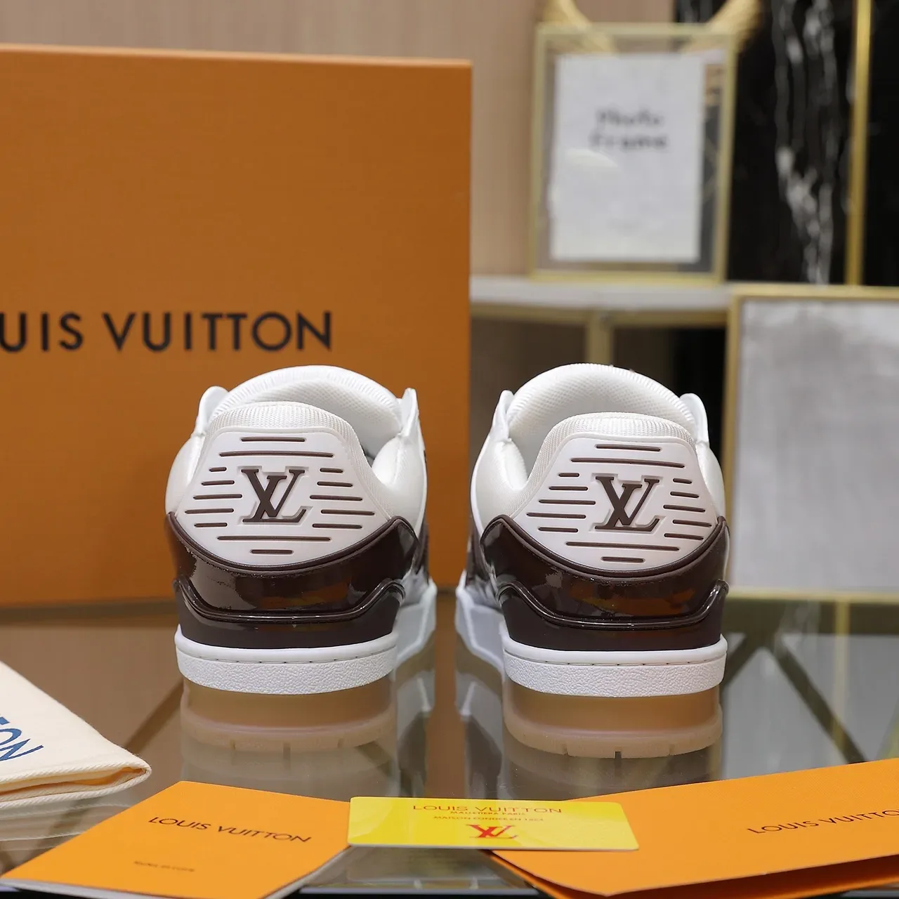 Louis Vuitton LV Trainer White Brown Quilted Monogram Leather Glossy Patent Strap Lifestyle Sneakers 4