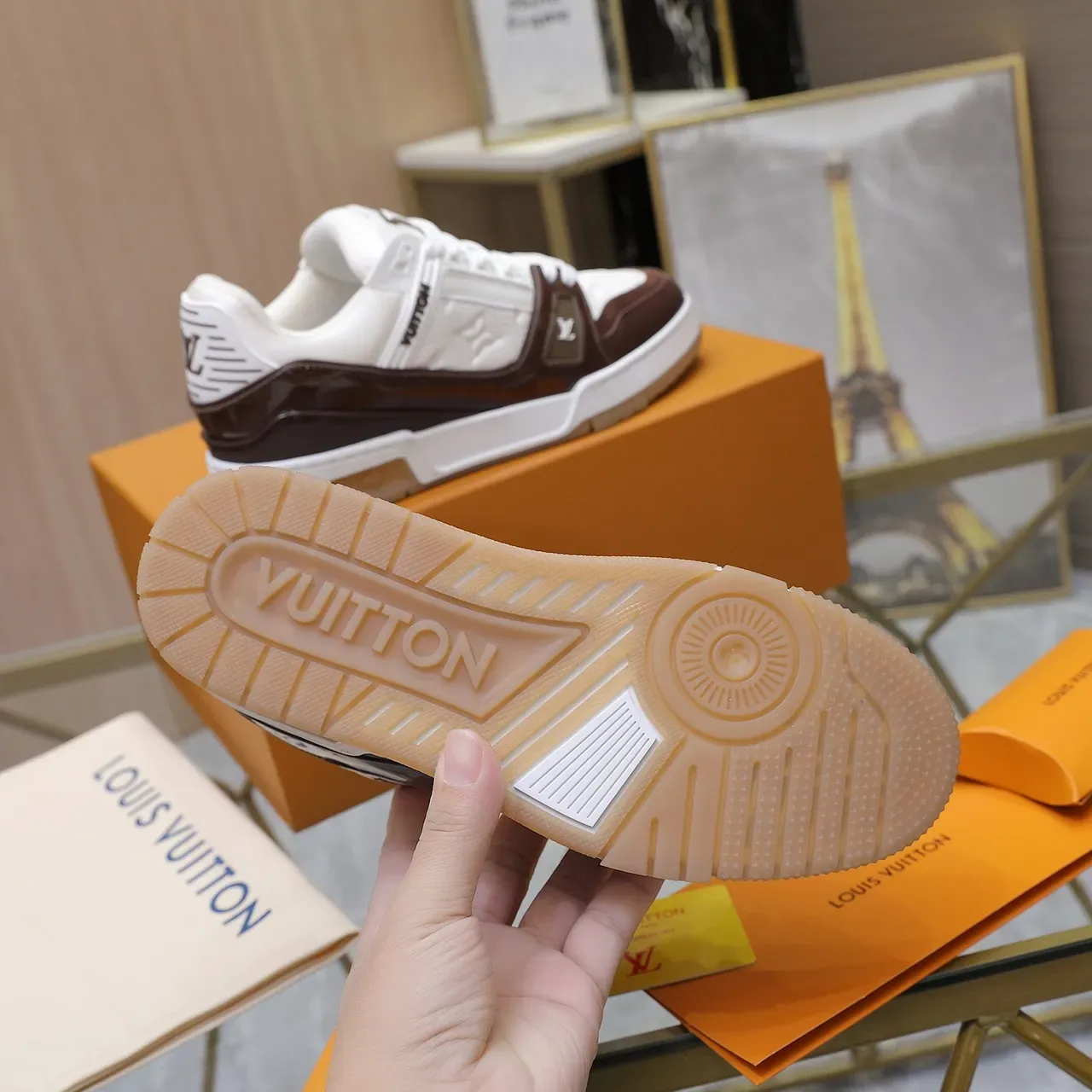 Louis Vuitton LV Trainer White Brown Quilted Monogram Leather Glossy Patent Strap Lifestyle Sneakers 5