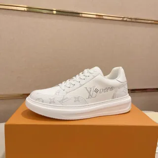Louis Vuitton LV Trainer Blanco Gris Monogram-Print Cuero Perforado Logo Detail Lifestyle Sneakers
