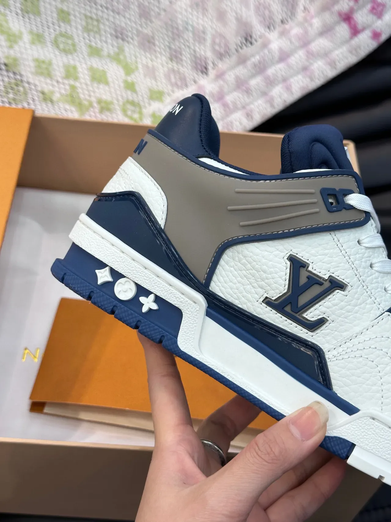 Louis Vuitton LV Trainer White Navy Pebbled Leather Upper Monogrammed Side Panel Lifestyle Sneakers 7
