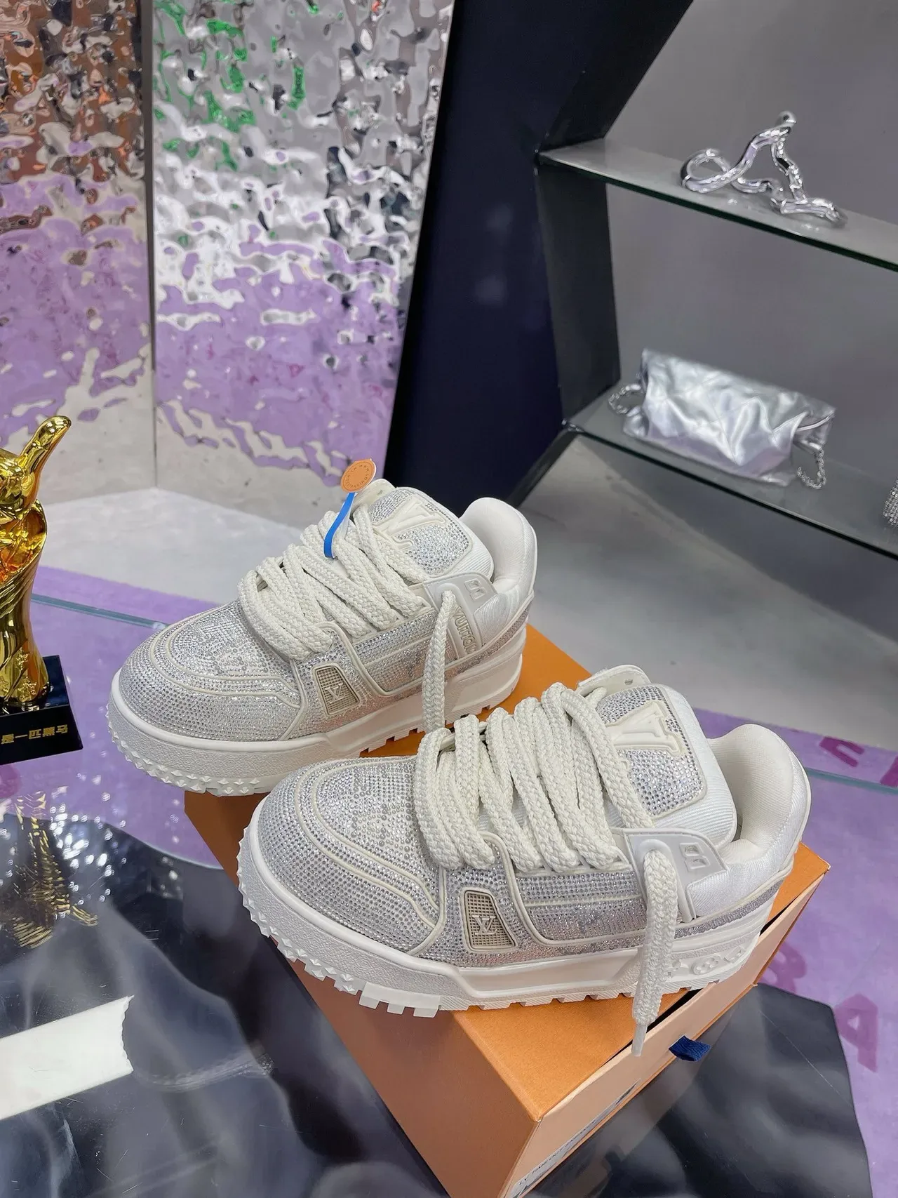 Louis Vuitton LV Trainer White Silver Crystal-Embellished Platform Sole Lifestyle Sneakers 2