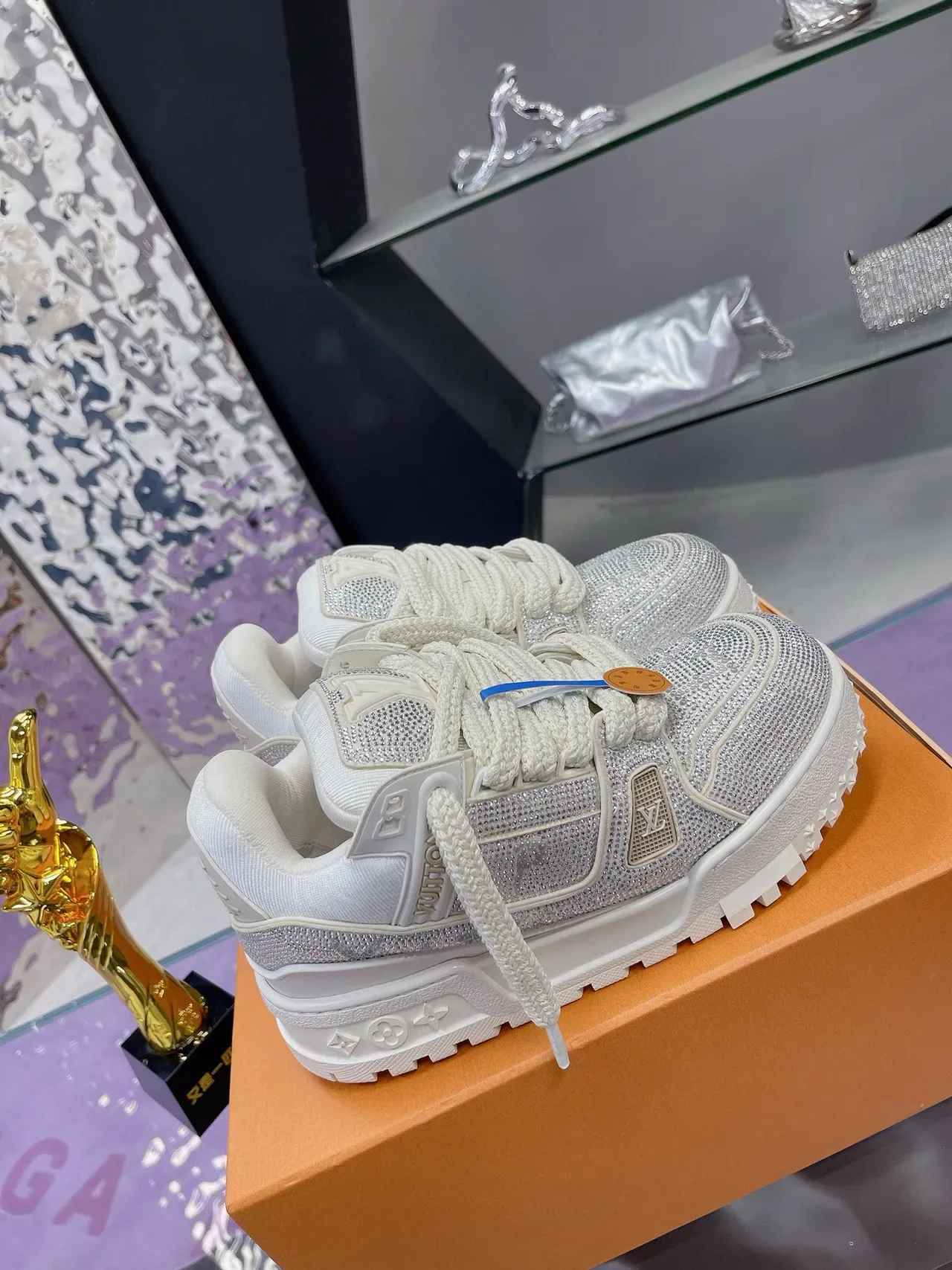 Louis Vuitton LV Trainer White Silver Crystal-Embellished Platform Sole Lifestyle Sneakers 9