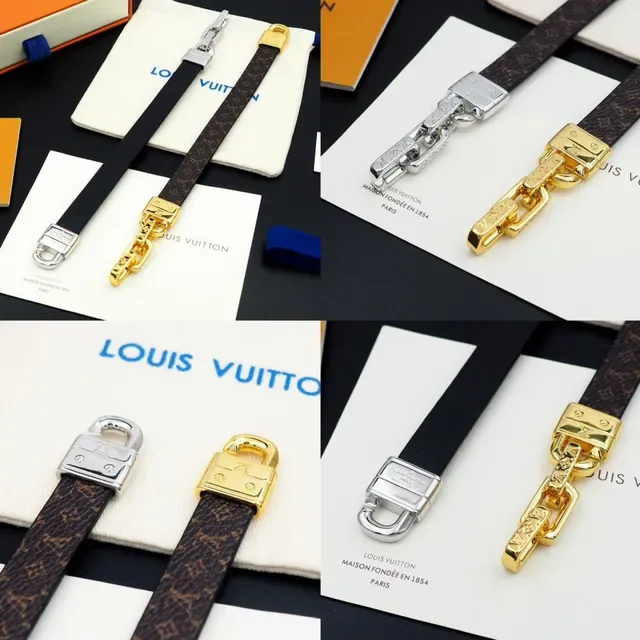 Louis Vuitton Monogram Canvas and Black Leather Gold-Tone Chain Clasp Bracelet 2