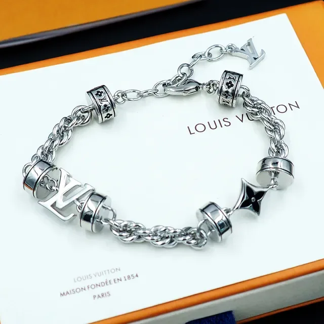 Bracelet Louis Vuitton Monogram Chaîne Argent Noir Métal Charms Baril Rotatif 3