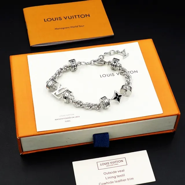 Bracelet Louis Vuitton Monogram Chaîne Argent Noir Métal Charms Baril Rotatif 5
