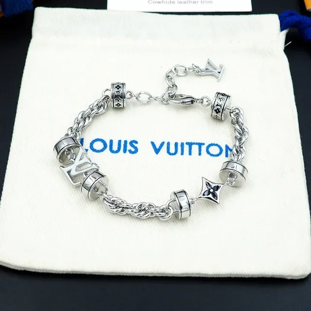 Bracelet Louis Vuitton Monogram Chaîne Argent Noir Métal Charms Baril Rotatif 10