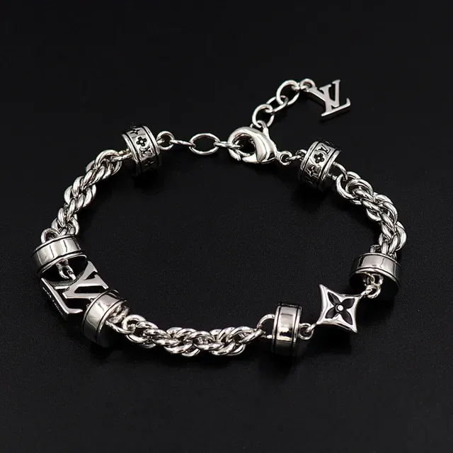 Bracelet Louis Vuitton Monogram Chaîne Argent Noir Métal Charms Baril Rotatif 11