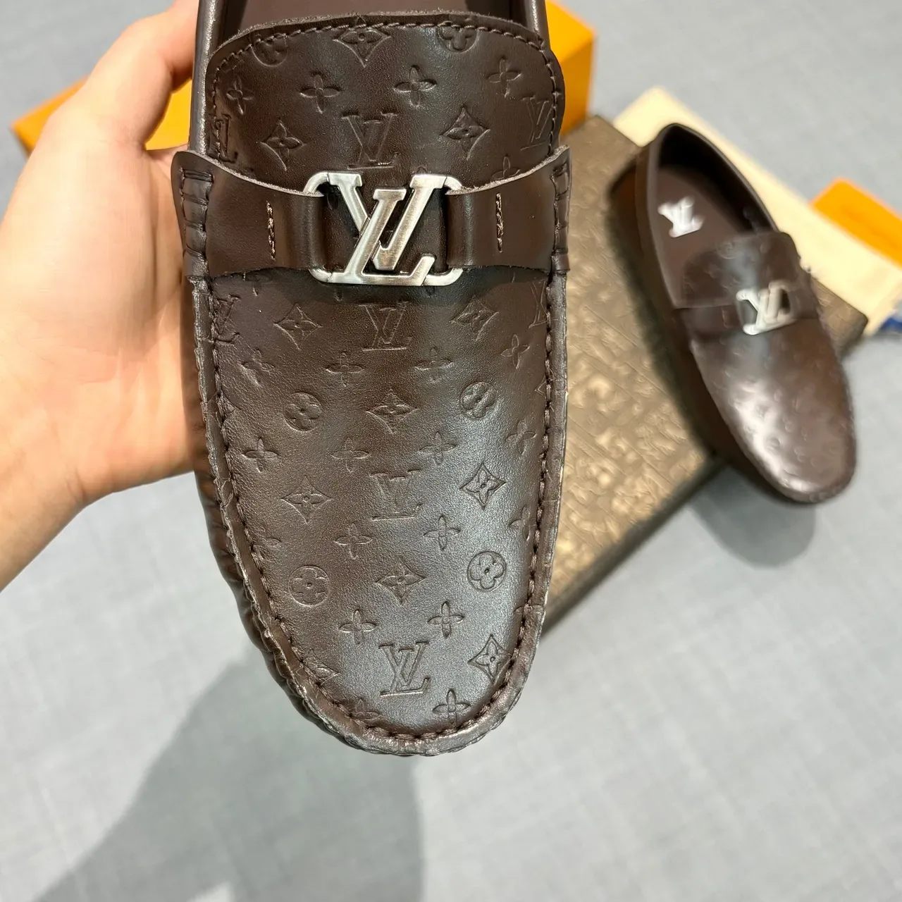 Louis Vuitton Monogram-Embossed Brown Leather LV Buckle Loafers 3