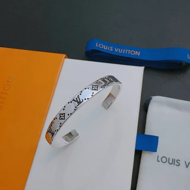 Louis Vuitton Monogram Engraved Silver Cuff Bracelet 8