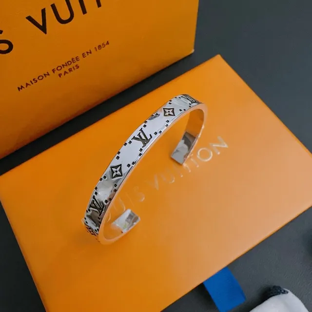 Louis Vuitton Monogram Engraved Silver Cuff Bracelet 9