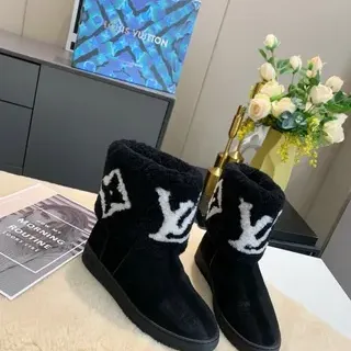 लुई विटन Monogram शियरलिंग बूट काला सफेद कफ सिलवाया हुआ एंगल बूट