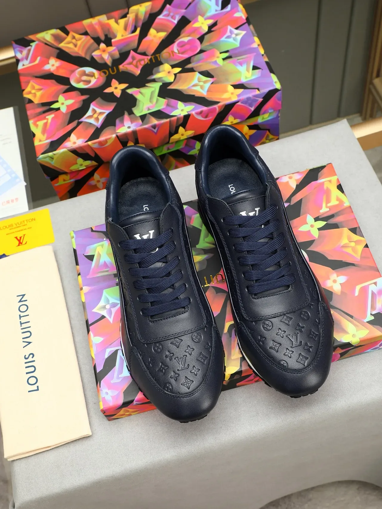 Louis Vuitton Navy White Monogram-Embossed Leather Chrome Heel Accent Lifestyle Sneakers 2