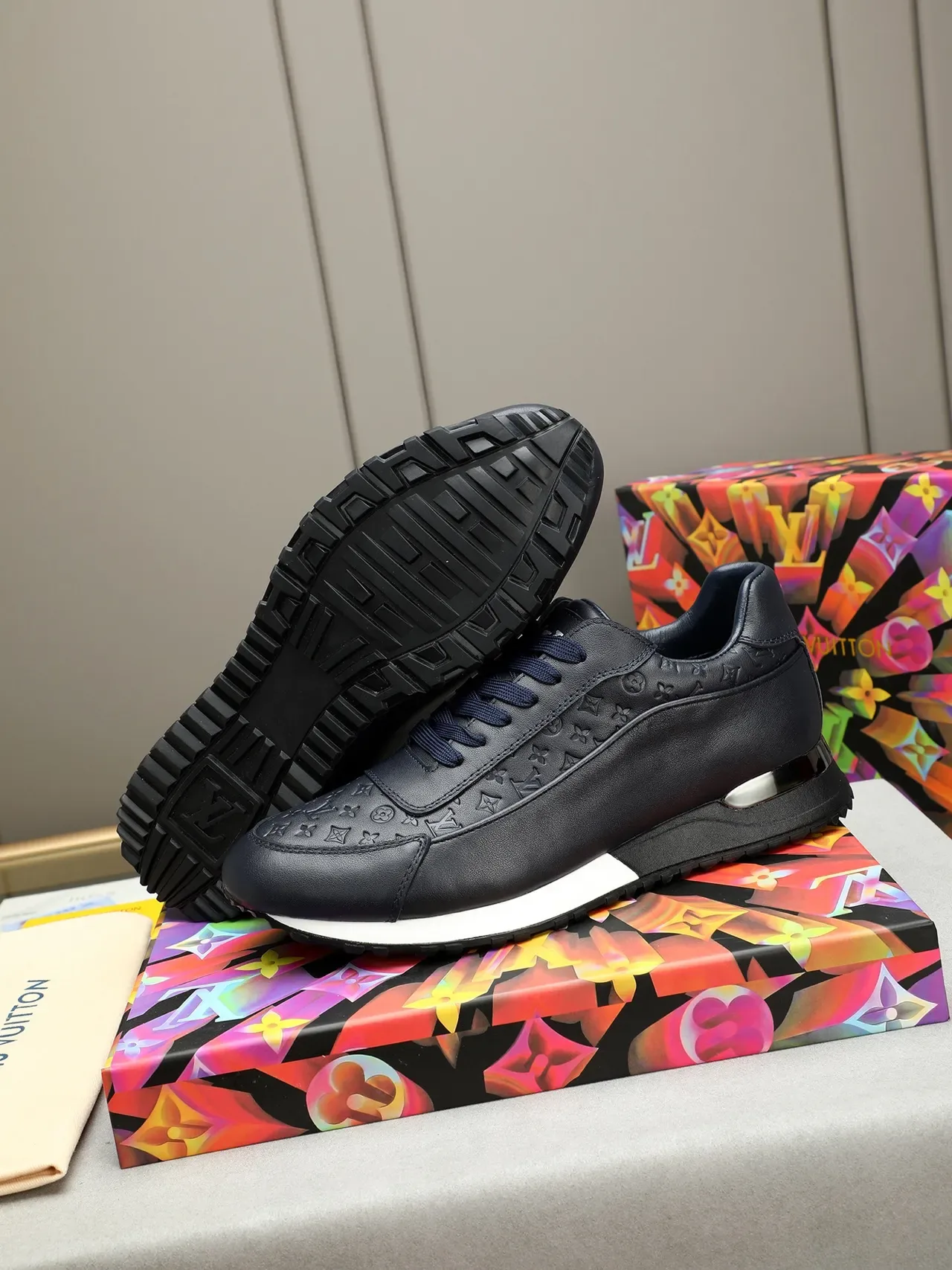 Louis Vuitton Navy White Monogram-Embossed Leather Chrome Heel Accent Lifestyle Sneakers 4