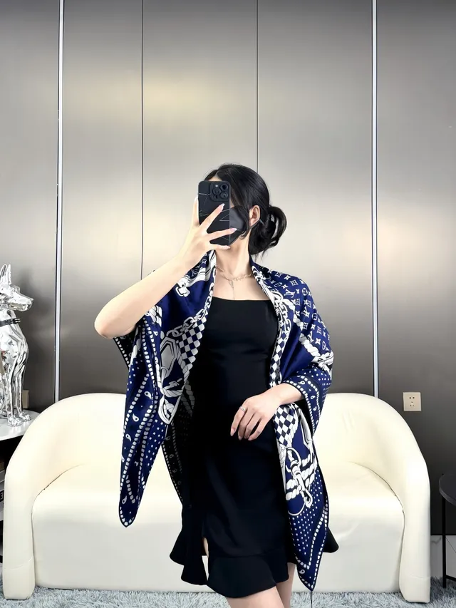 Louis Vuitton প্রিন्टেড নেভি এবং সাদা সিল্ক স্কার্ফ 5