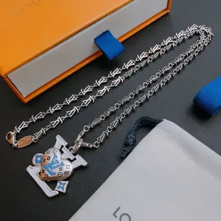 Colar Louis Vuitton Corrente Prata Azul com Acentos de Esmalte