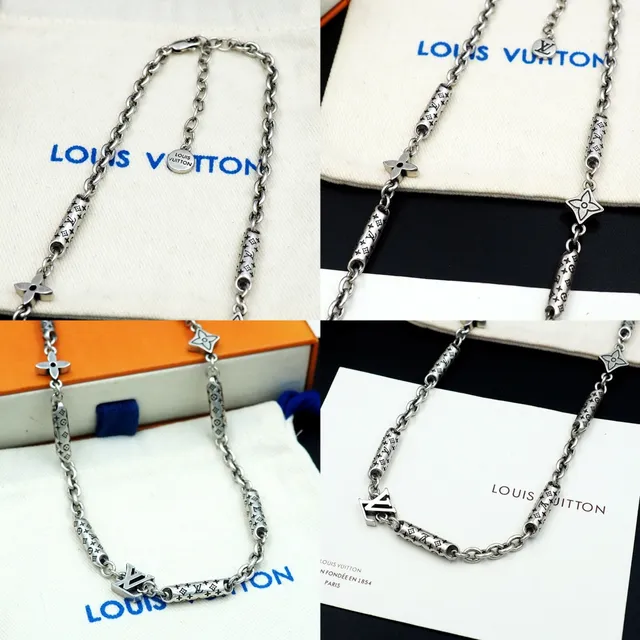 Louis Vuitton Silver Metal Monogram-Engraved Cylindrical Links Necklace 11